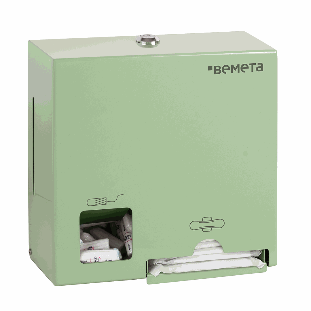 Hotel Tampon and pad dispenser, stainless steel, green