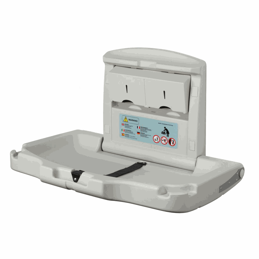 Hotel Wall mounted baby changing station, plastic, horizontal, white/grey