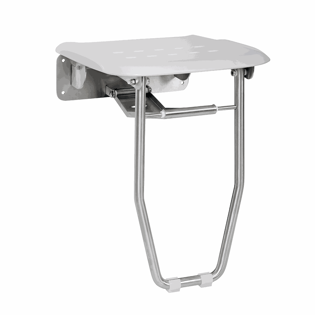 Shower seat, folding, with leg, stainless steel, matt, plastic white
