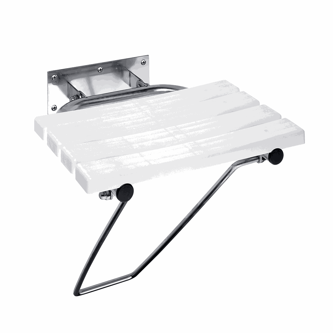 HELP Shower seat, folding, with leg, without cover, stainless steel, polished, white plastic