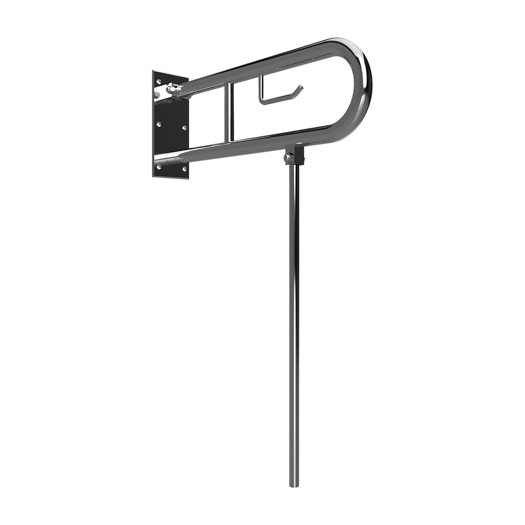 HELP Grab bar, 600 mm, U-shaped, folding, with support leg and TP holder, without cover, stainless