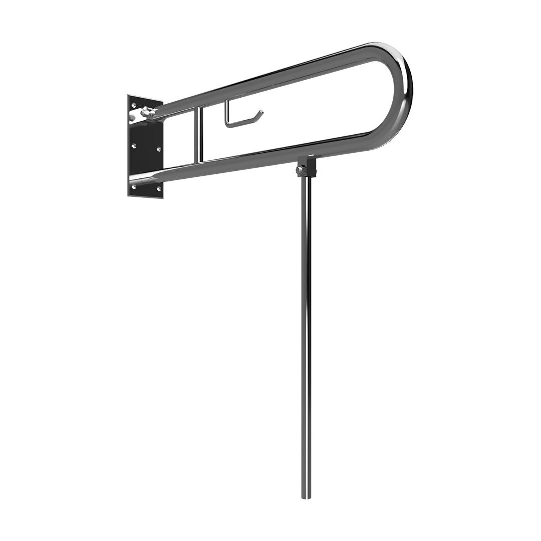 HELP Grab bar, 813 mm, U-shaped, folding, with support leg and TP holder, without cover, stainless