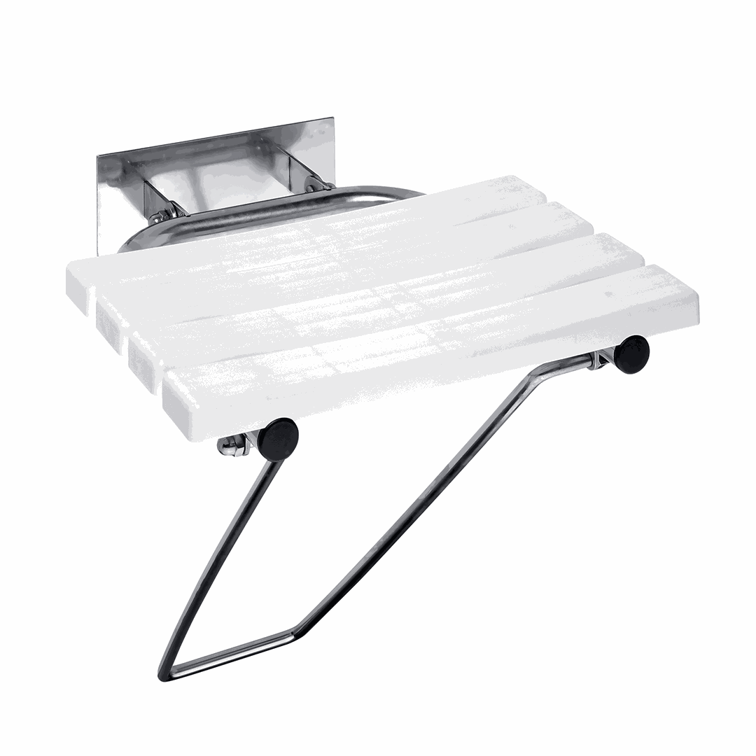 HELP Shower seat, folding, with leg, with cover, stainless steel, polished, white plastic