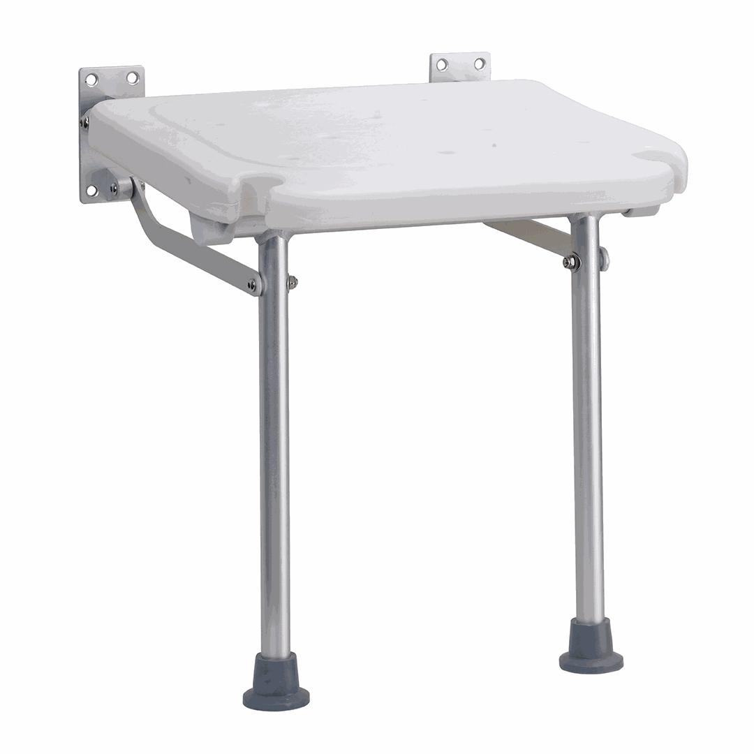 HELP Shower seat, folding, with leg, aluminium, matt, white plastic